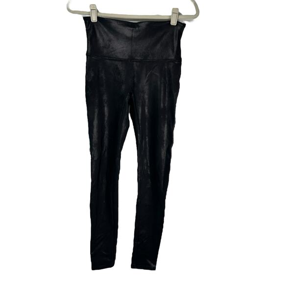 SPANX Black Faux Leather Leggings Womens Large SPANXshape Stretchy Compression - Picture 1 of 8